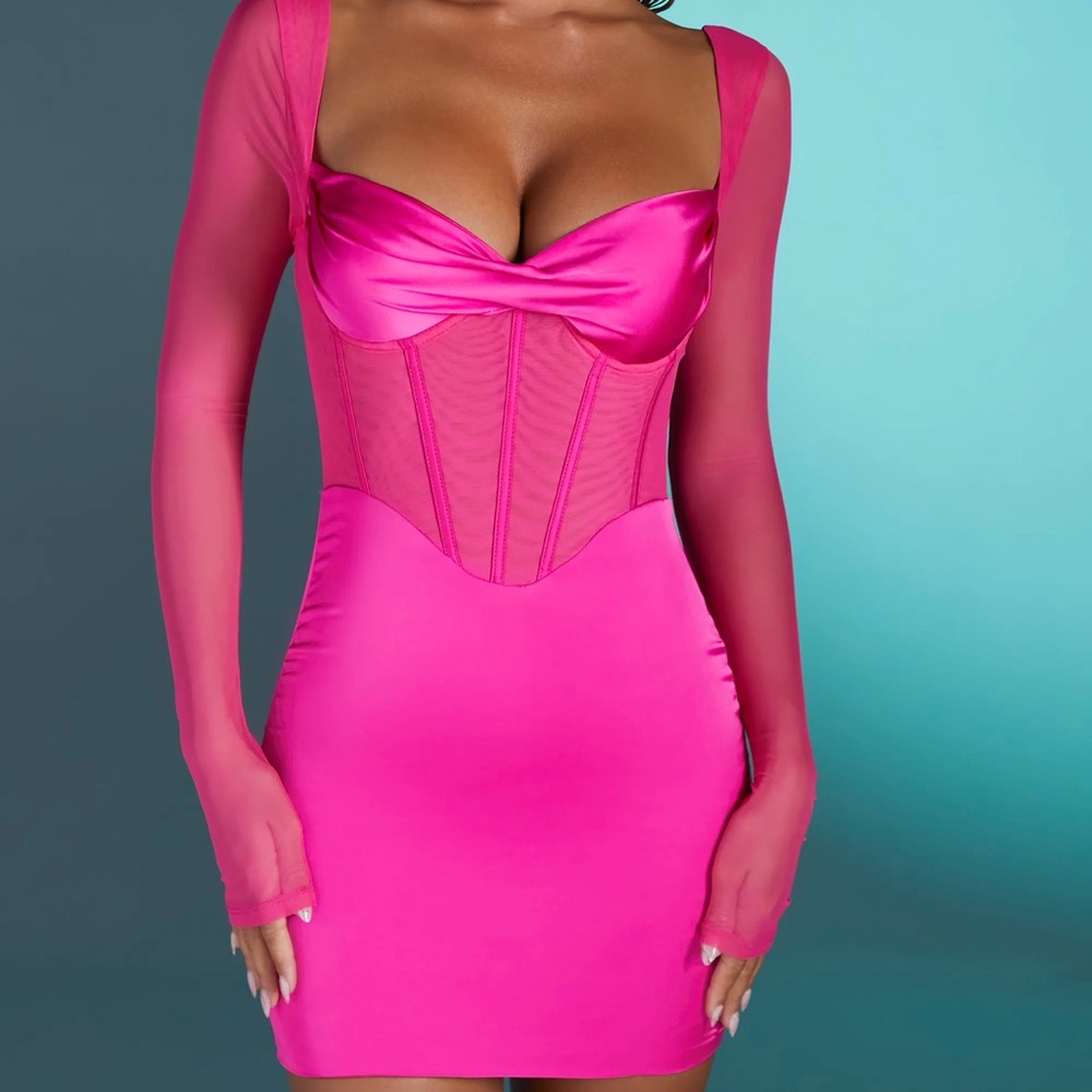 Oh Polly Hot Pink Mesh Corset Mini Dress
